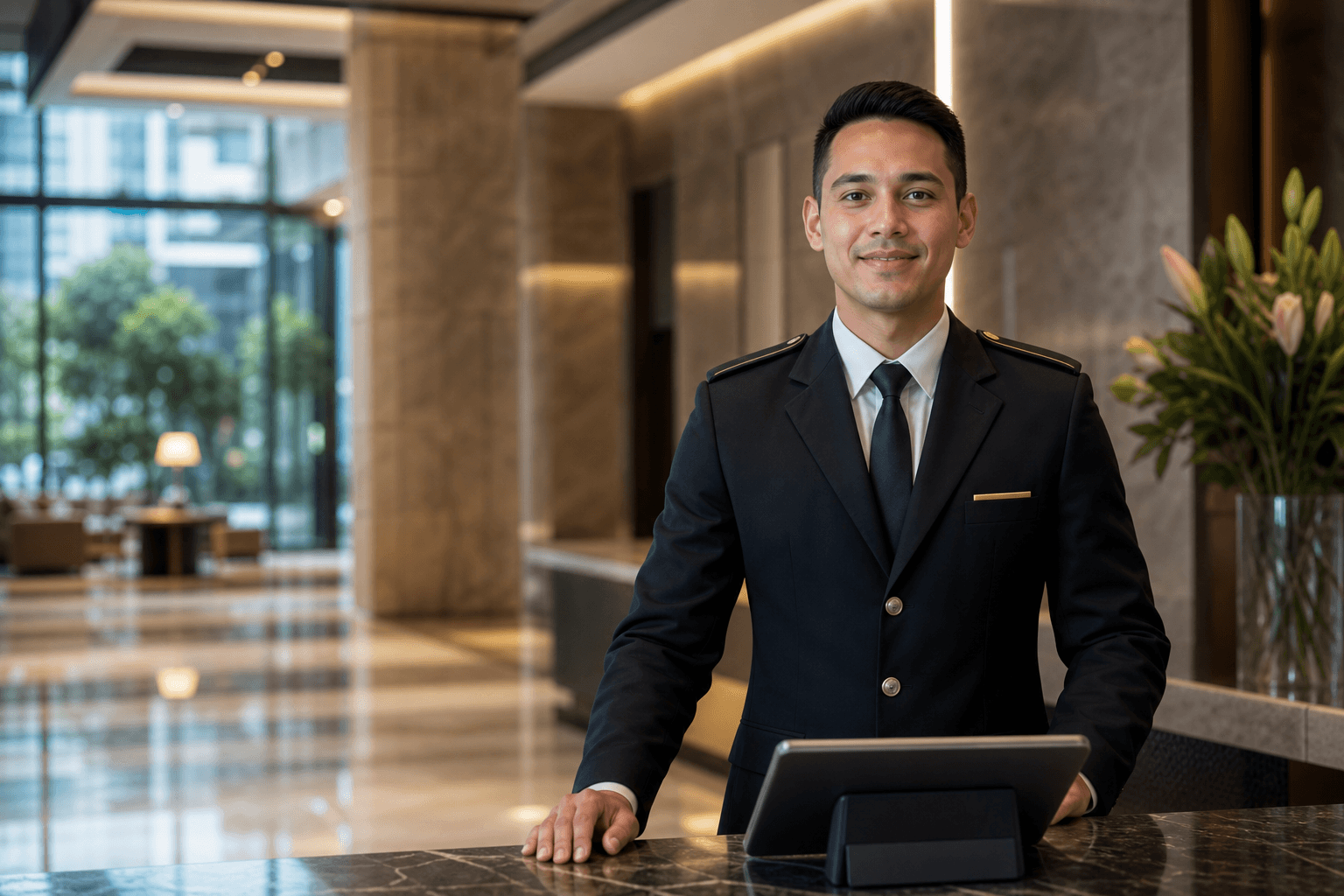 Security and concierge officer at a modern condominium lobby desk with tablet
