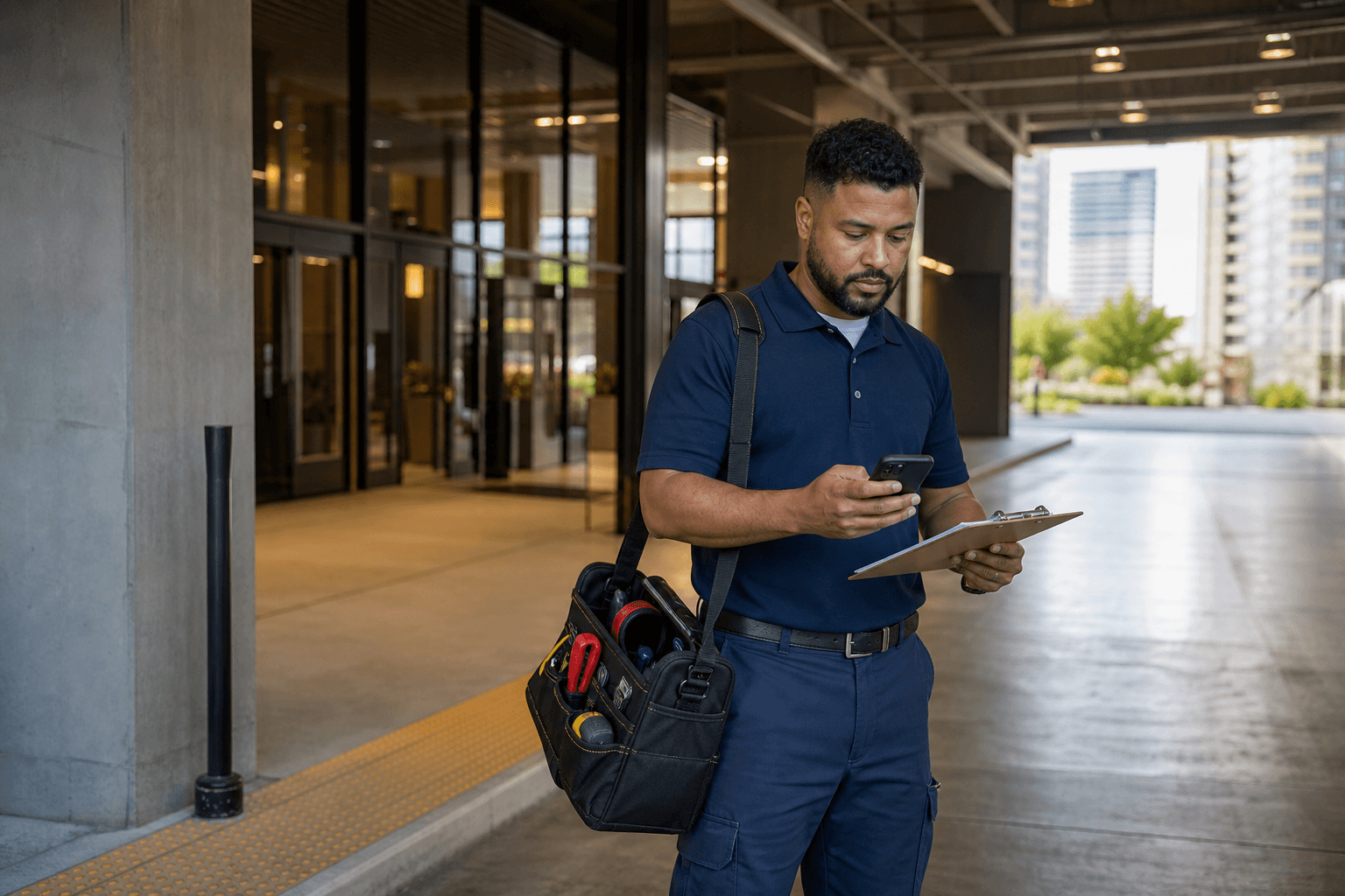 Trade contractor with tool bag and work order at a modern condominium loading dock